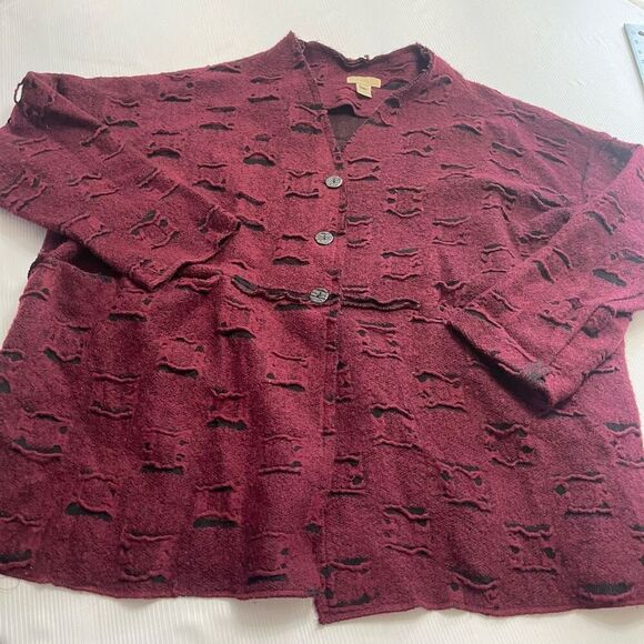 J. Jill Wool Red Black Wool Art To Wear Lagenlook Cardigan Duster Oversized Sz L - Picture 1 of 6